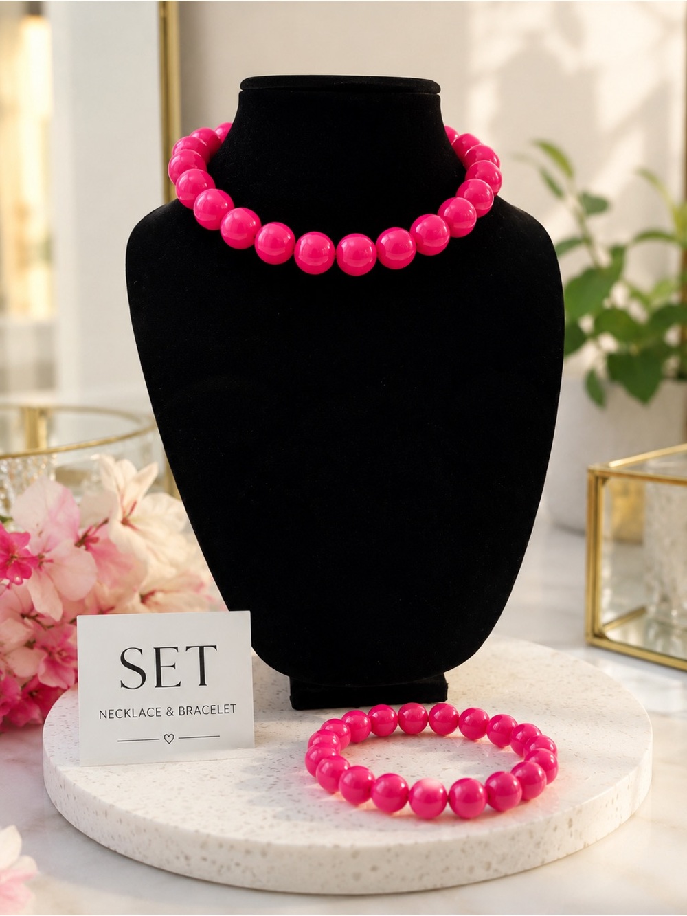 Hot Pink Beaded Necklace & Bracelet Set - Brand